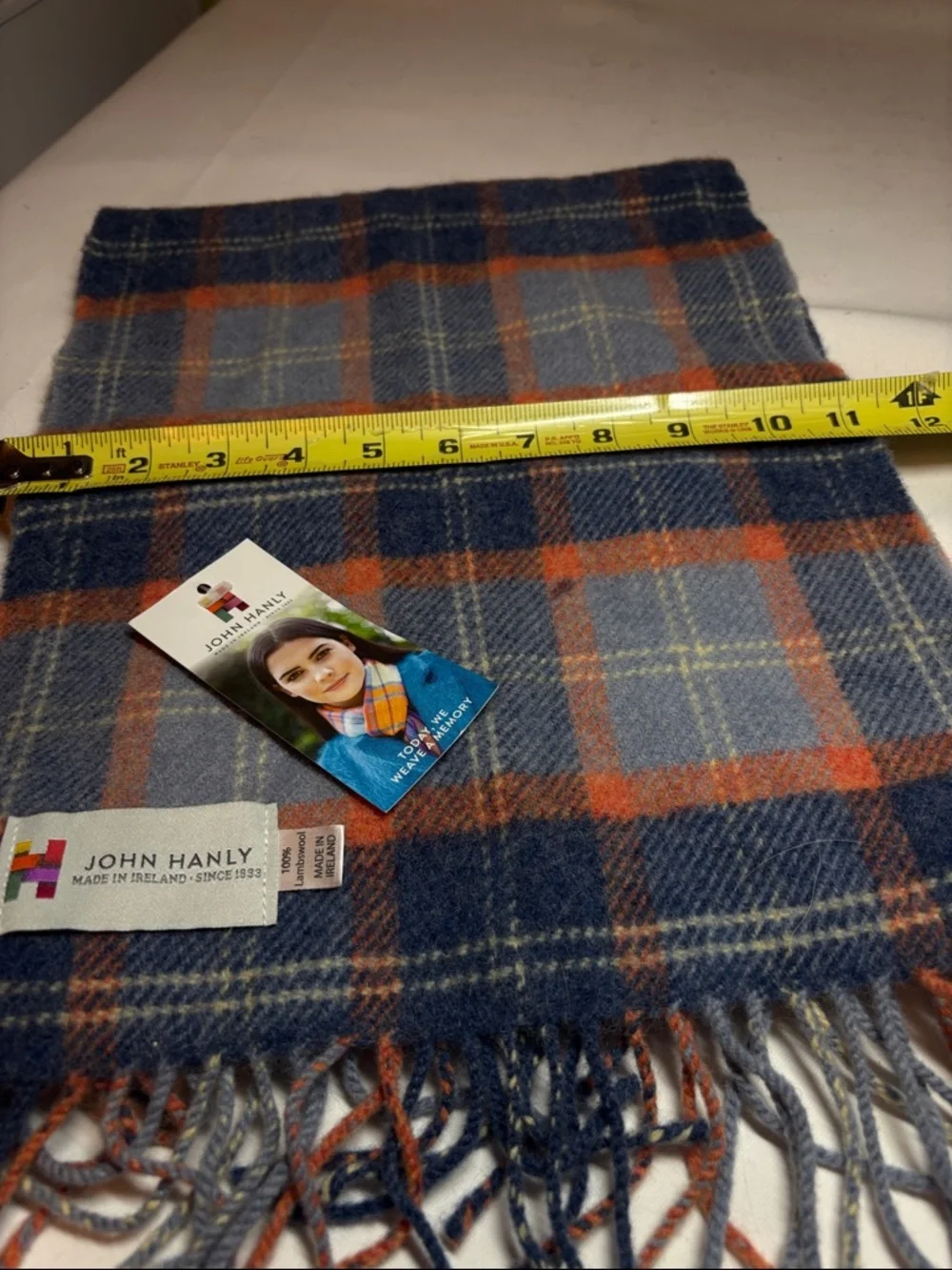 John Hanly NWT Navy & Orange Plaid Lambswool Scarf 11” x 56”